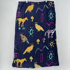 90s Nino Wong California Skirt Maxi Horse-Bird Print Purple Womens 3XL Aztec VTG